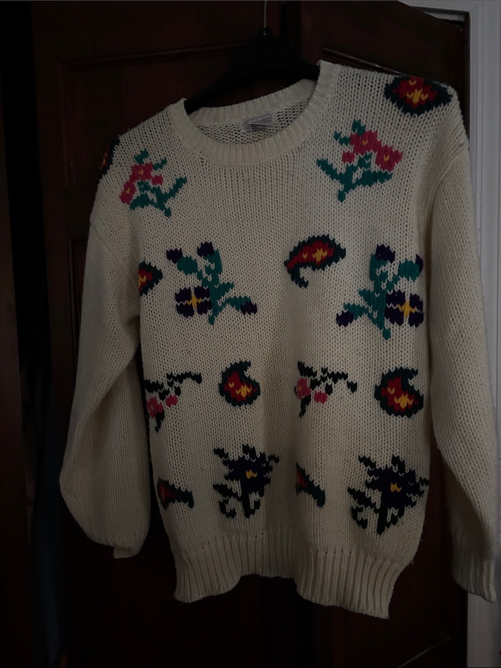 Cream Floral Intarsia Crewneck Sweater - Women's Cozy Knit